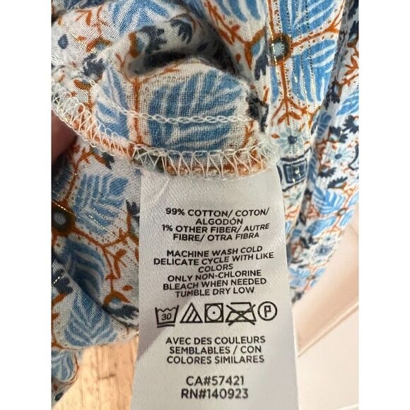 Loft Long Sleeve Blue Orange Gold Thread Tie Neckline Peasant Blouse Size M - Picture 5 of 6